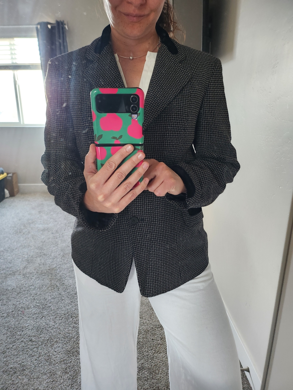 DKNY Black and White Textured Single-Breasted Blazer